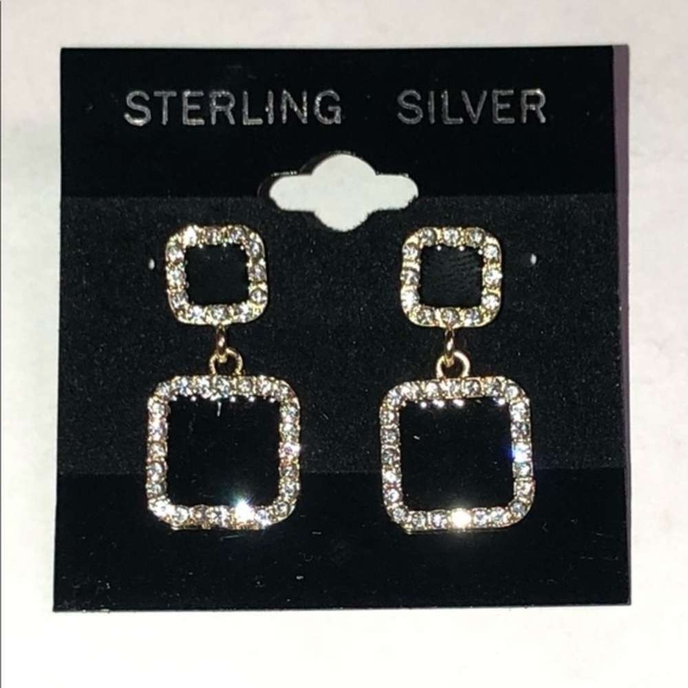 Gold dangle black crystal earrings with 925 sterling posts very lightweight